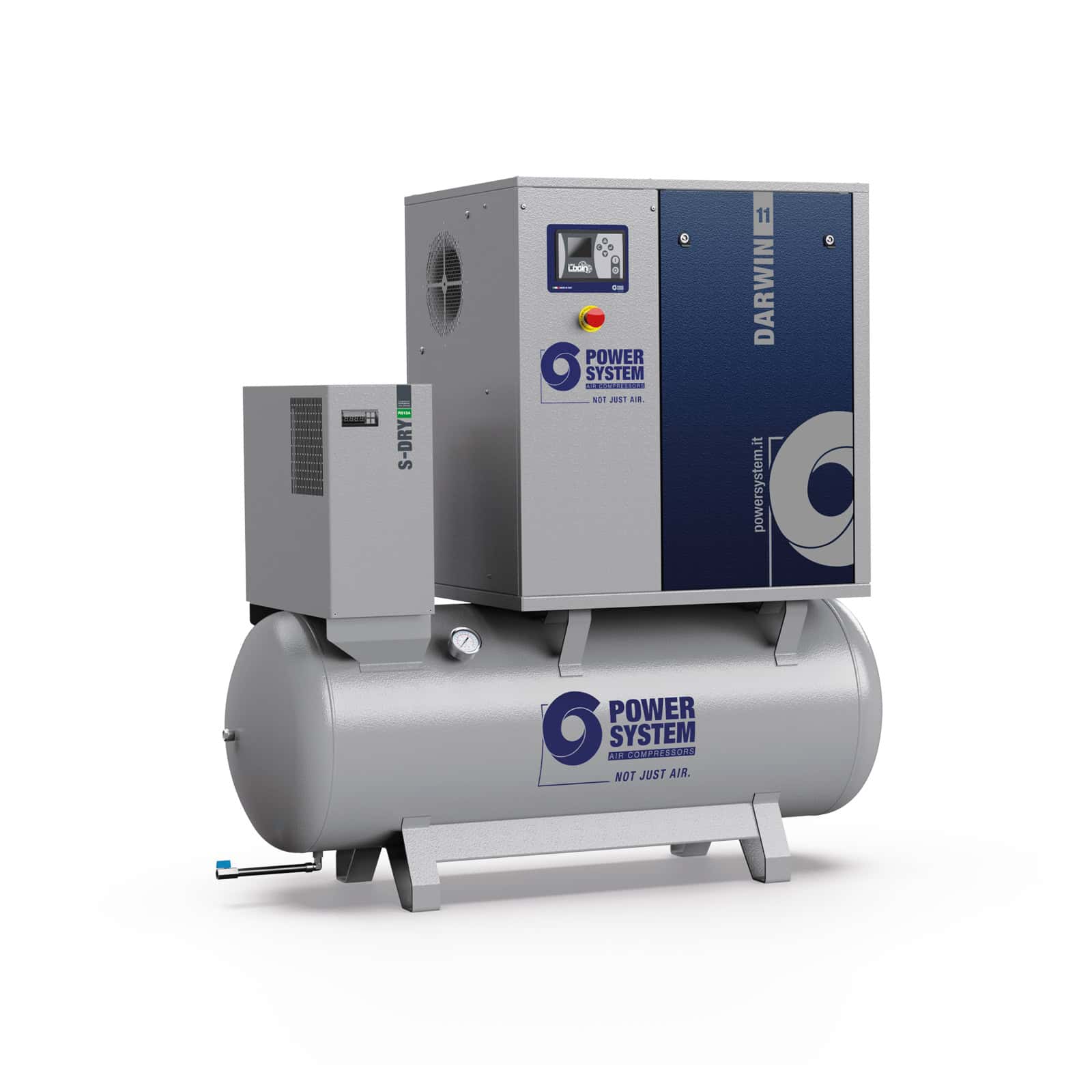 DARWIN-E 11-13-270 D Compressore a vite con trasmissione a cinghia, completo di serbatoio ed essiccatore.