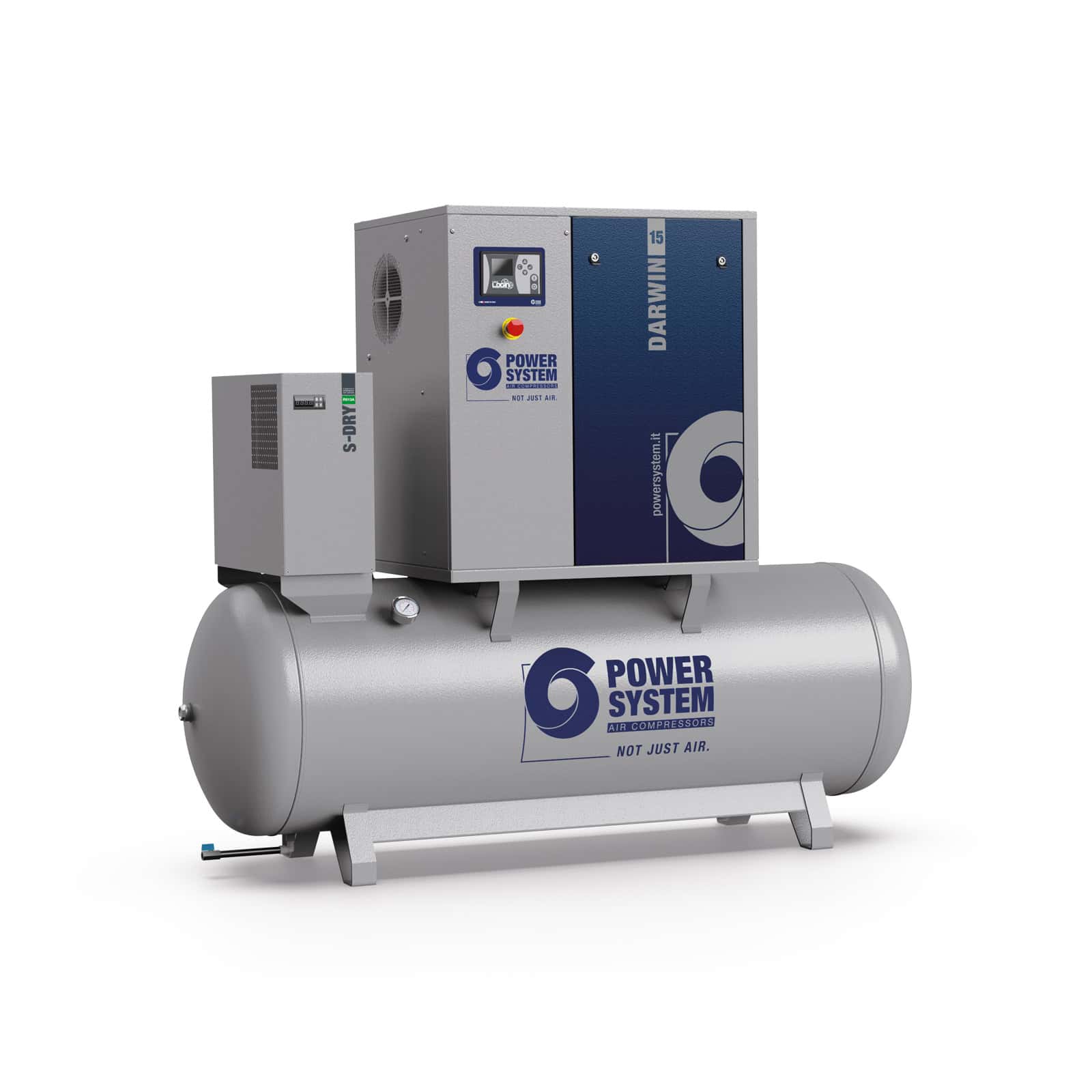 DARWIN-E 15-15-500 D Screw compressor with belt transmission, complete with tank and dryer.