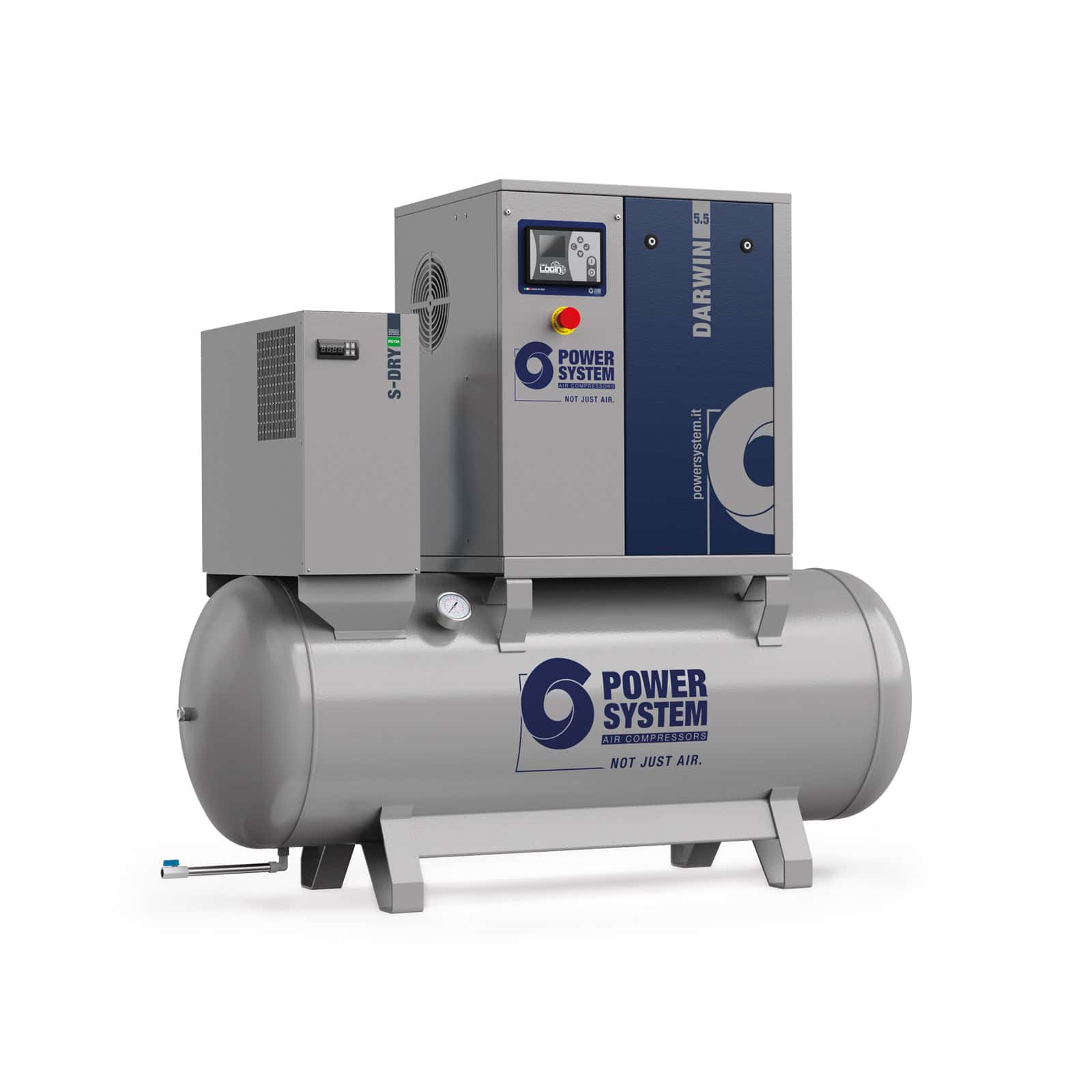 DARWIN-E 5.5-08-270 D Screw compressor with belt transmission, complete with tank and dryer.