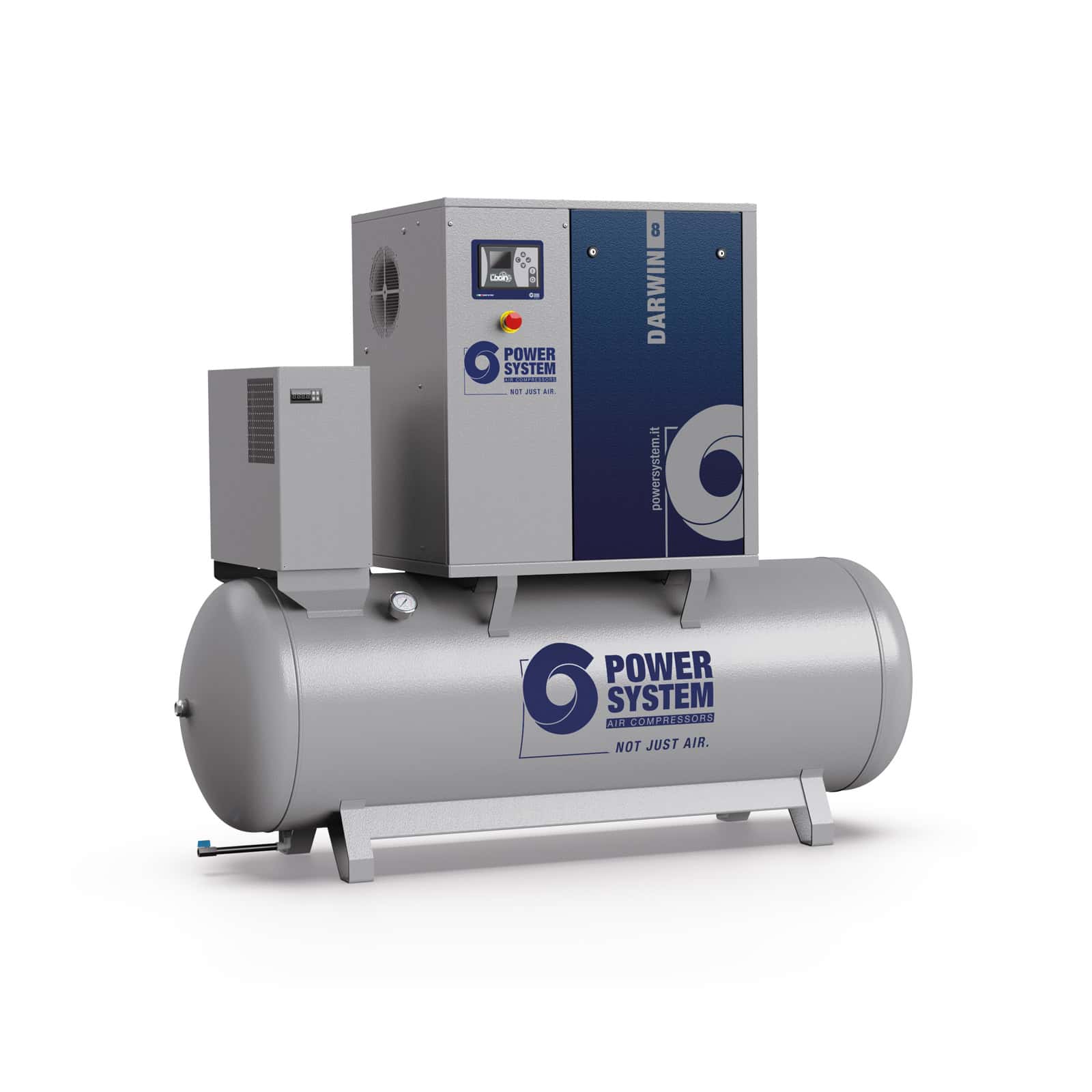 DARWIN-E 8-13-500 D Screw compressor with belt transmission, complete with tank and dryer.