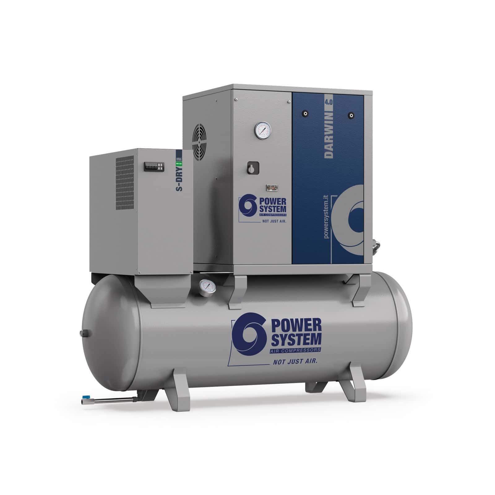DARWIN-E SE 4.0-08-200 D Screw compressor with belt transmission, complete with tank and dryer.