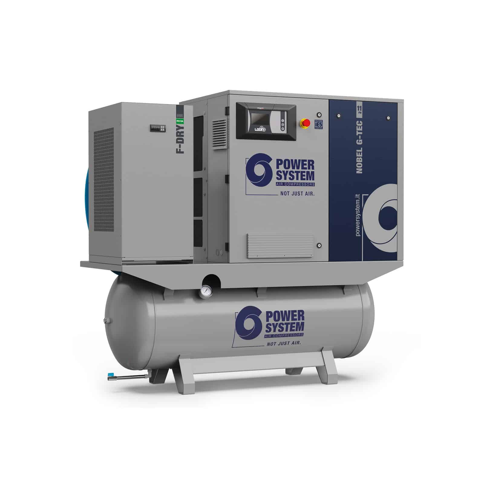 NOBEL-E 11-08-270 PM-DF (G-TEC) Compressore a vite con trasmissione diretta, inverter e motore a magneti permanenti, completo di serbatoio, essiccatore e filtri.