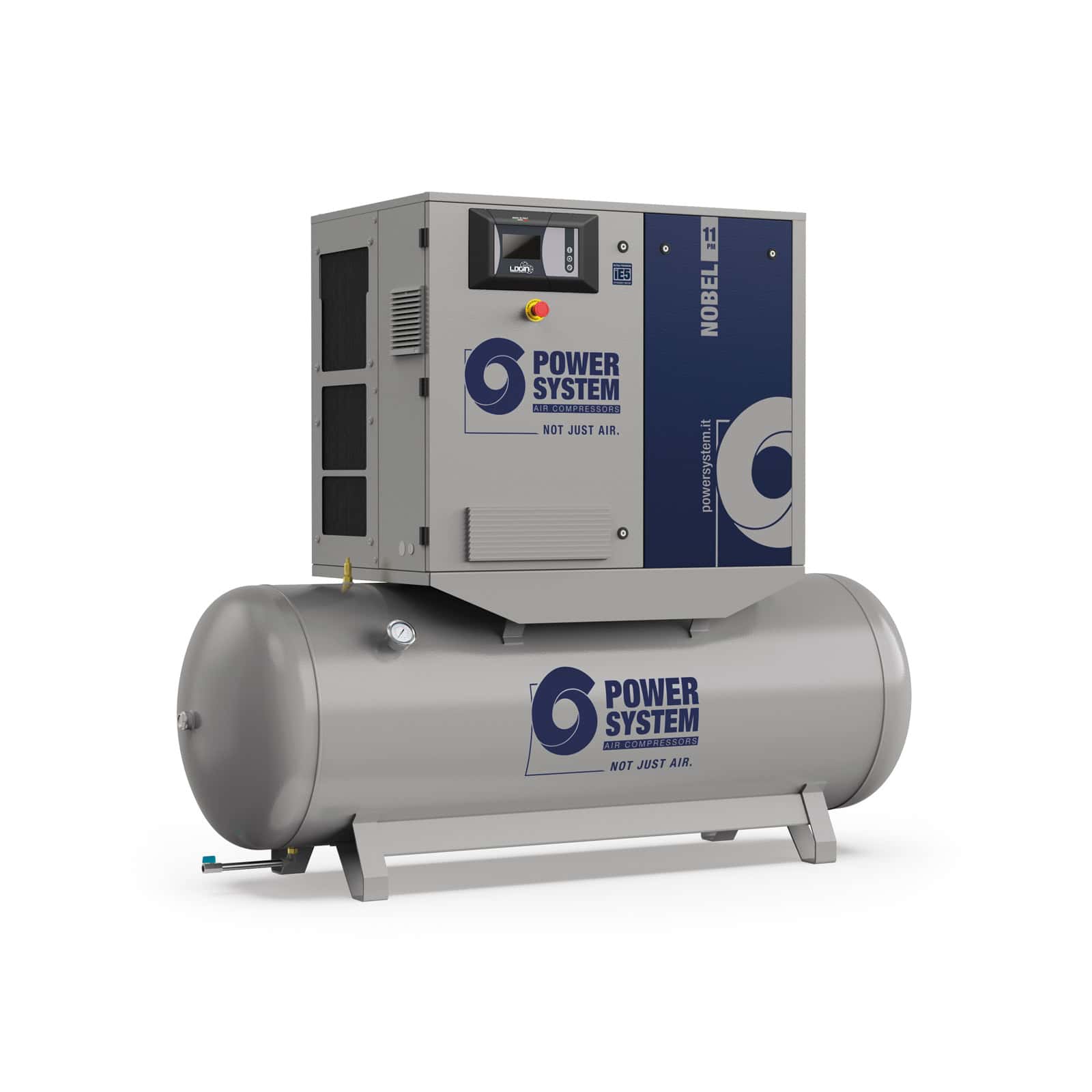 NOBEL-E 11-08-500 PM Compressore a vite con trasmissione diretta e motore a magneti permanenti con inverter, completo di serbatoio.