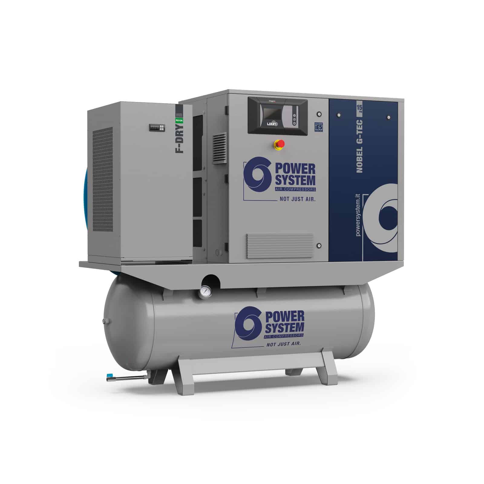 NOBEL-E 15-10-270 PM-DF (G-TEC) Compressore a vite con trasmissione diretta, inverter e motore a magneti permanenti, completo di serbatoio, essiccatore e filtri.