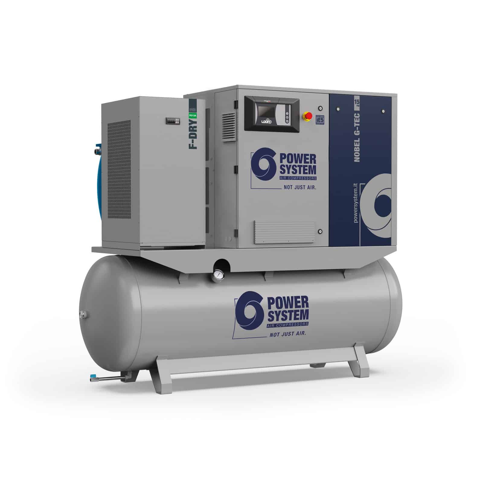 NOBEL-E 15-10-500 PM-DF (G-TEC) Compressore a vite con trasmissione diretta, inverter e motore a magneti permanenti, completo di serbatoio, essiccatore e filtri.