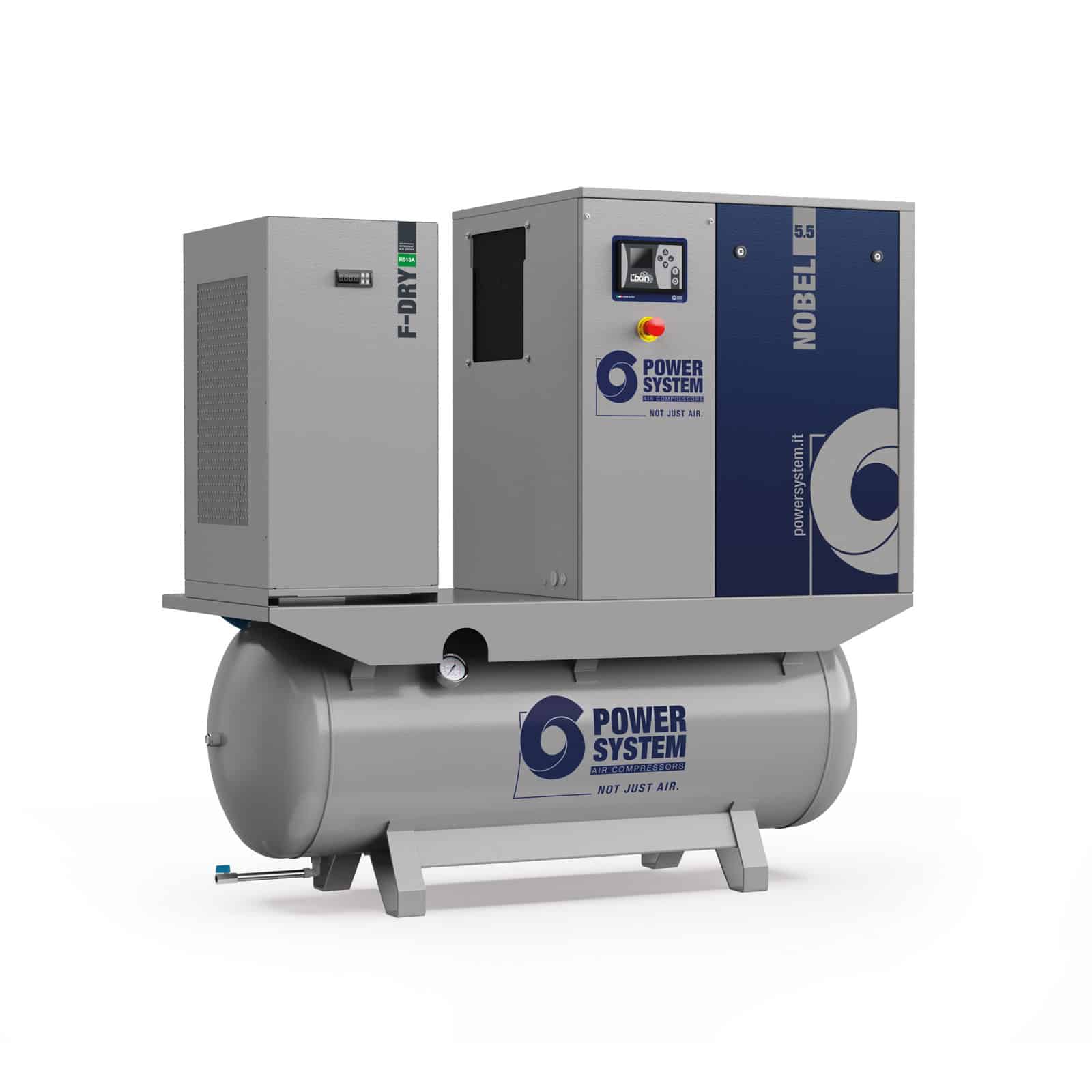 NOBEL-E 5.5-10-270 D Screw compressor with direct drive transmission, complete with tank and dryer and dryer.