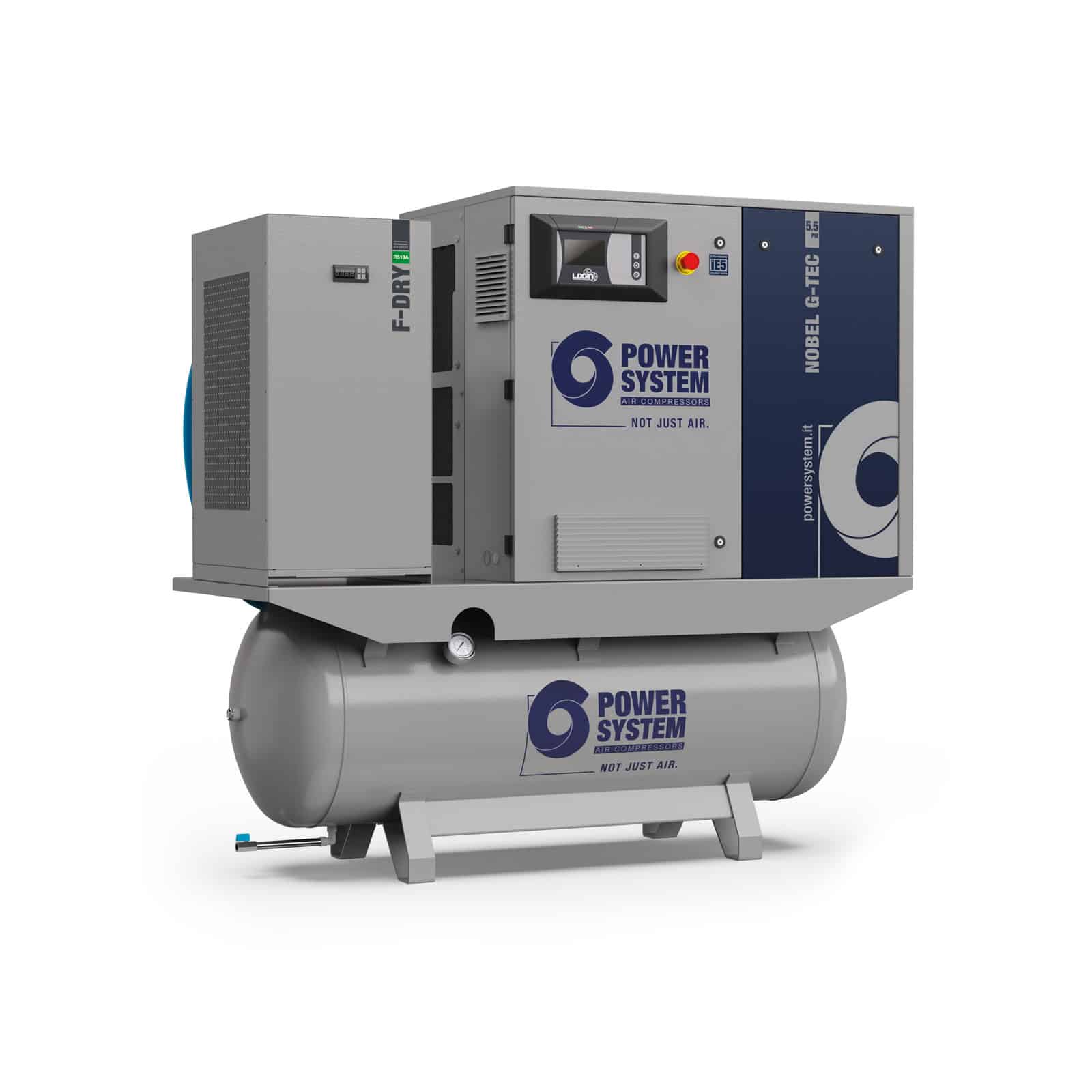 NOBEL-E 5.5-10-270 PM-DF (G-TEC) Compressore a vite con trasmissione diretta, inverter e motore a magneti permanenti, completo di serbatoio, essiccatore e filtri.