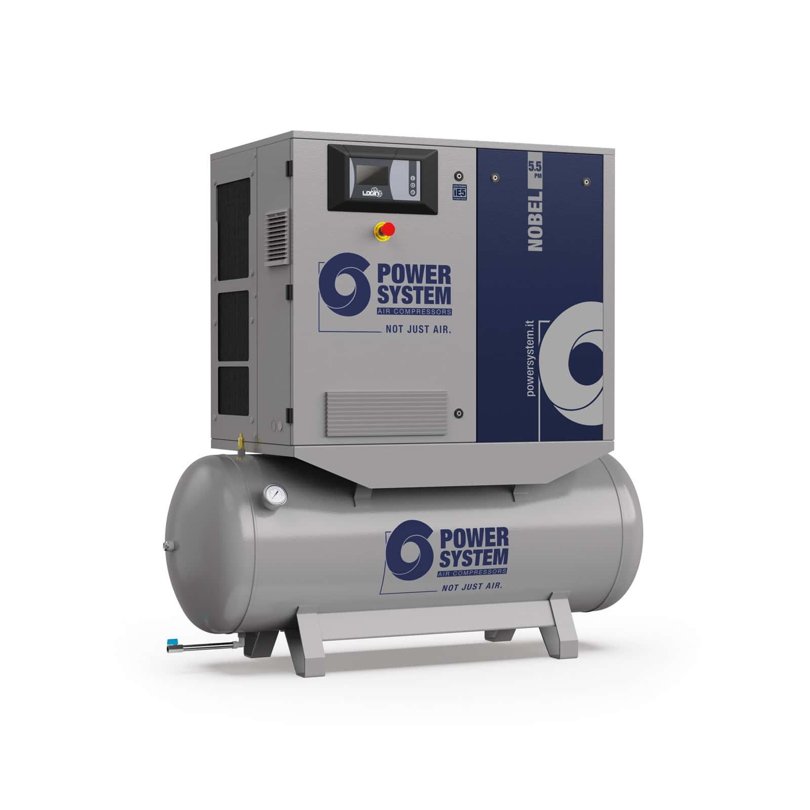 NOBEL-E 5.5-10-270 PM Screw compressor with direct drive transmission and permanent magnet motor with inverter, complete with tank.