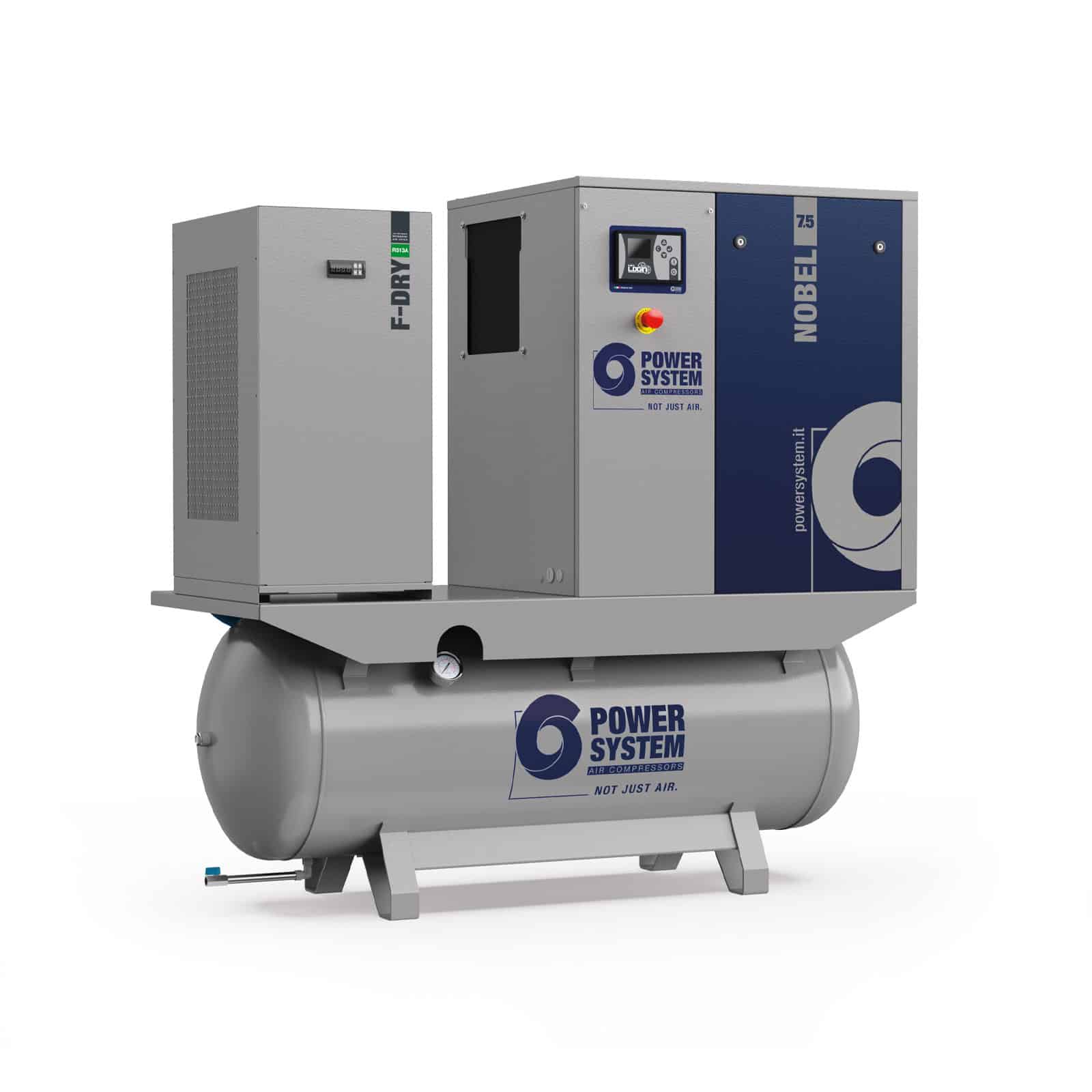 NOBEL-E 7.5-13-270 D Screw compressor with direct drive transmission, complete with tank and dryer and dryer.