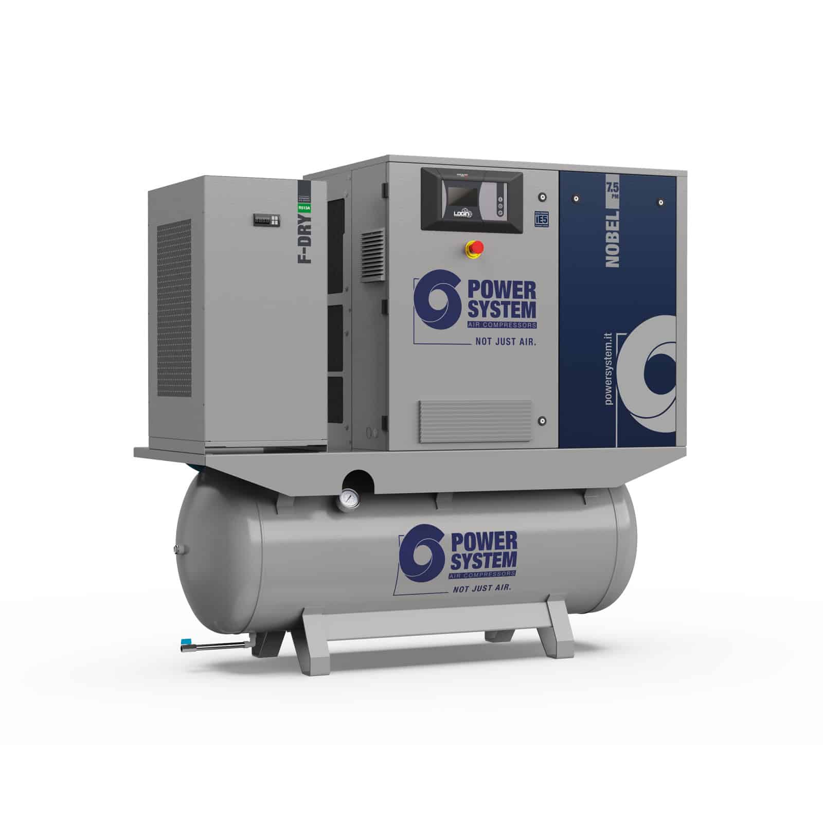 NOBEL-E 7.5-08-270 PM-D Screw compressor with direct drive transmission and permanent magnet motor with inverter, complete with tank and dryer.