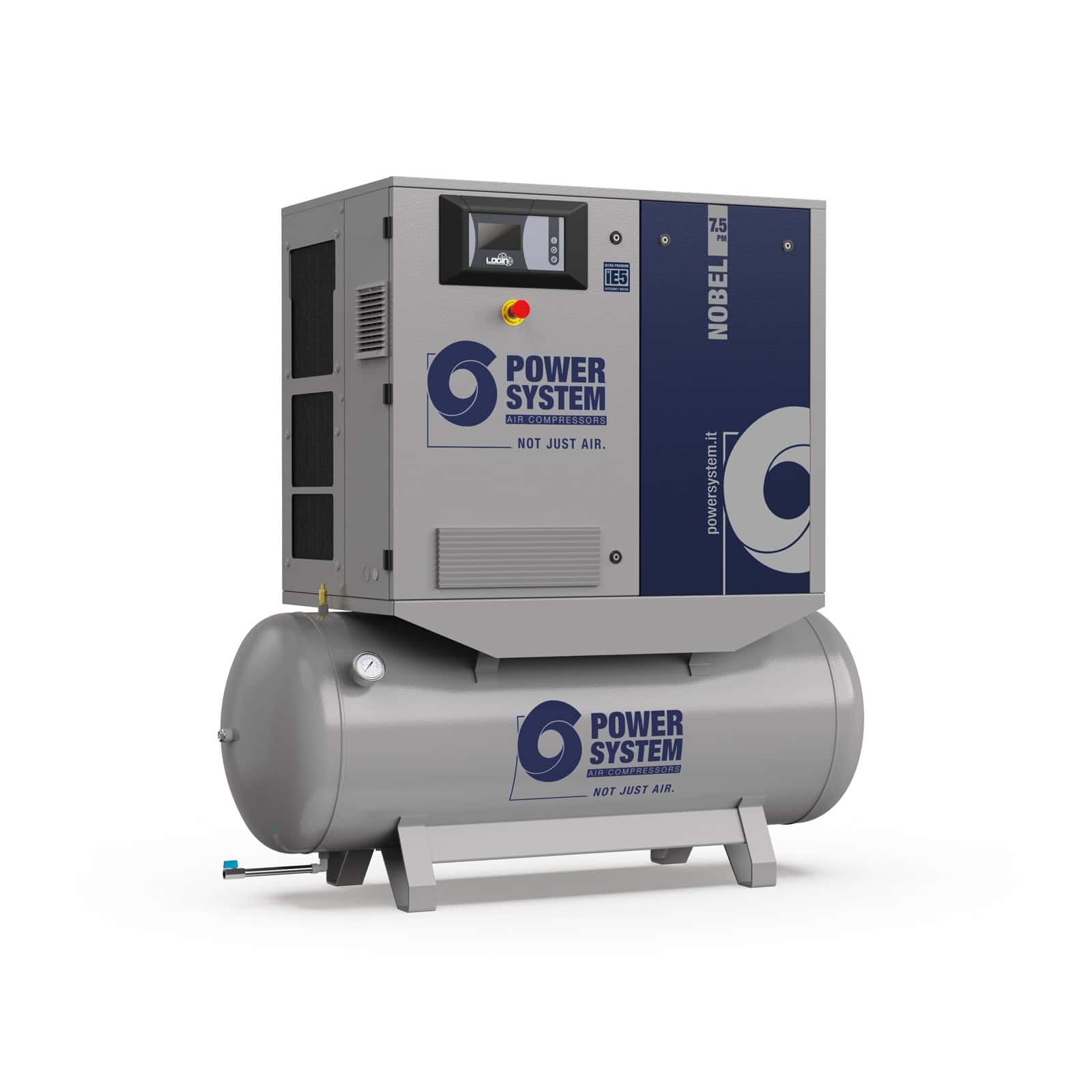 NOBEL-E 7.5-08-270 PM Compressore a vite con trasmissione diretta e motore a magneti permanenti con inverter, completo di serbatoio.