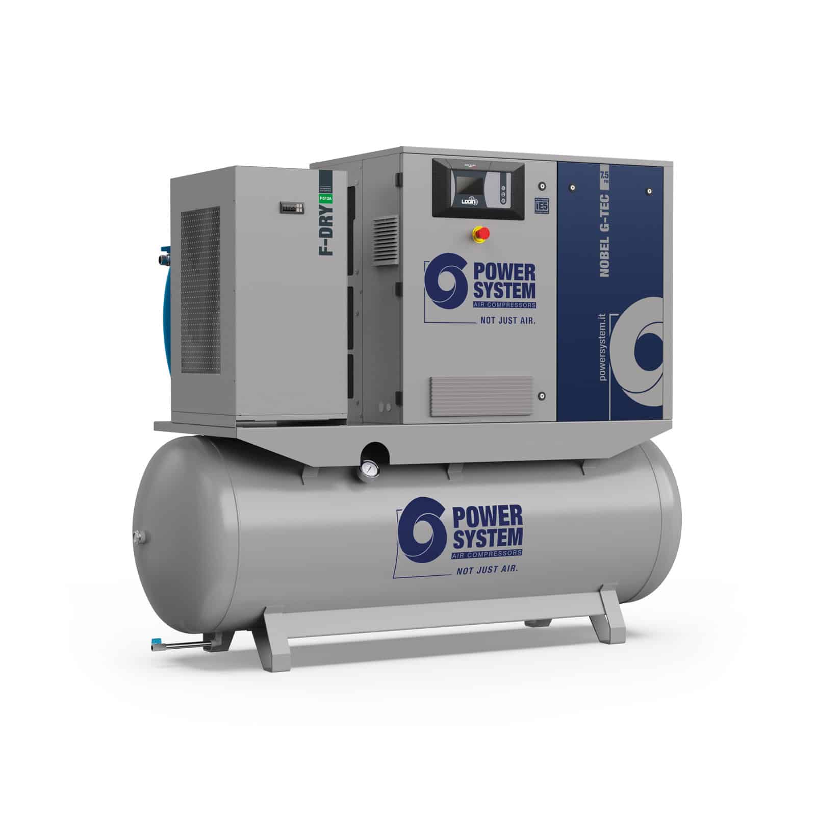NOBEL-E 7.5-08-500 PM-DF (G-TEC) Screw compressor with direct drive transmission, permanent magnet motor, complete with tank, dryer and filters.
