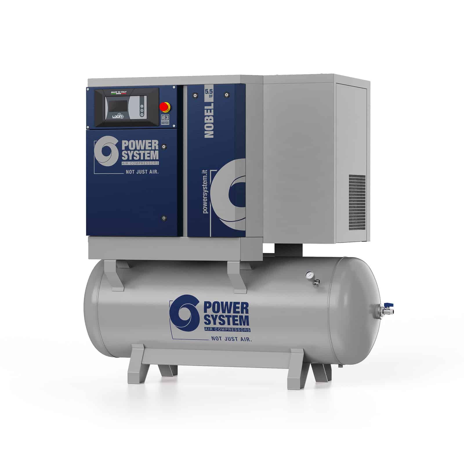 NOBEL 5.5-10-270 DF Screw compressor with direct drive transmission, complete with tank and dryer.
