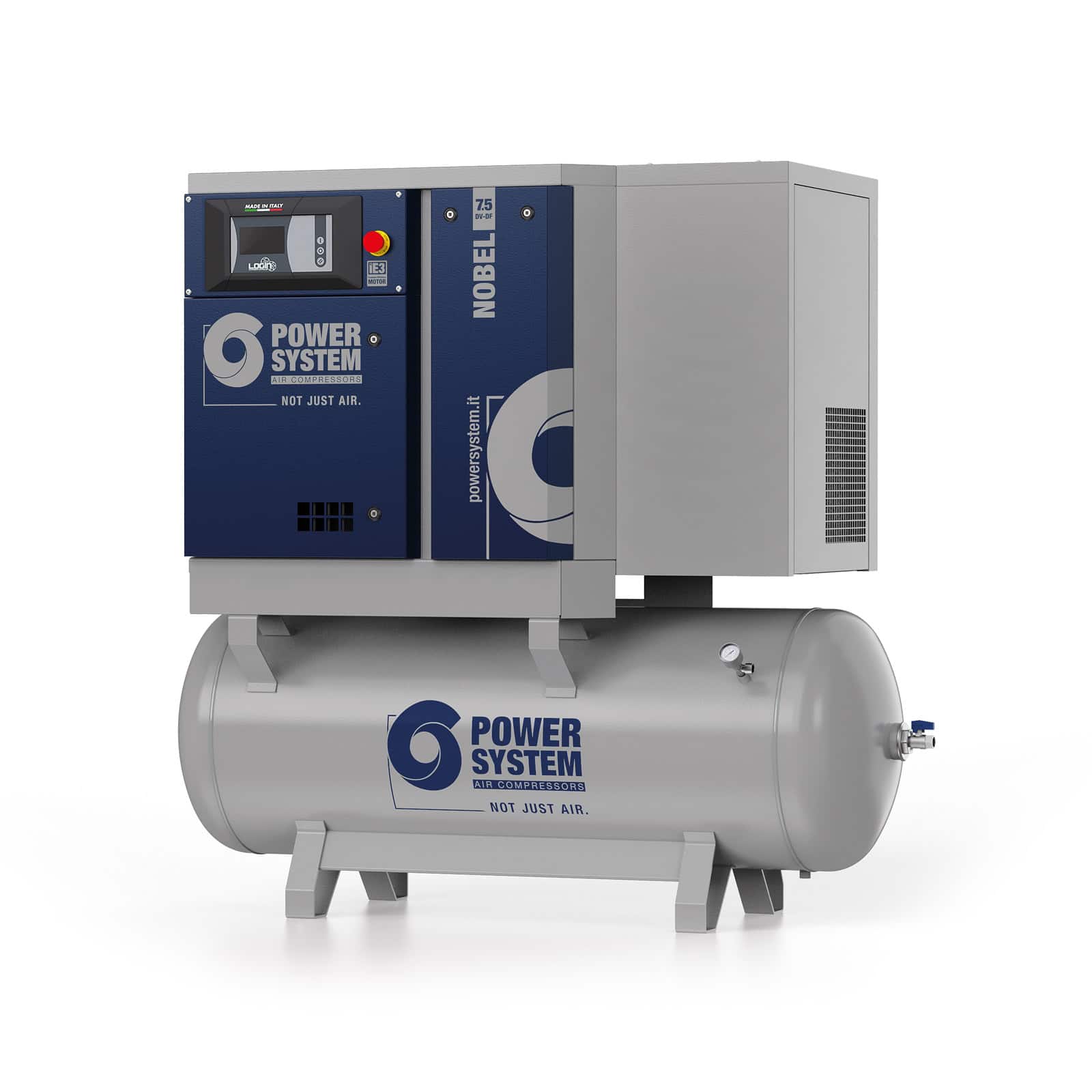 NOBEL 7.5-08-270 DV-DF Screw compressor with direct drive transmission, complete with tank and dryer.