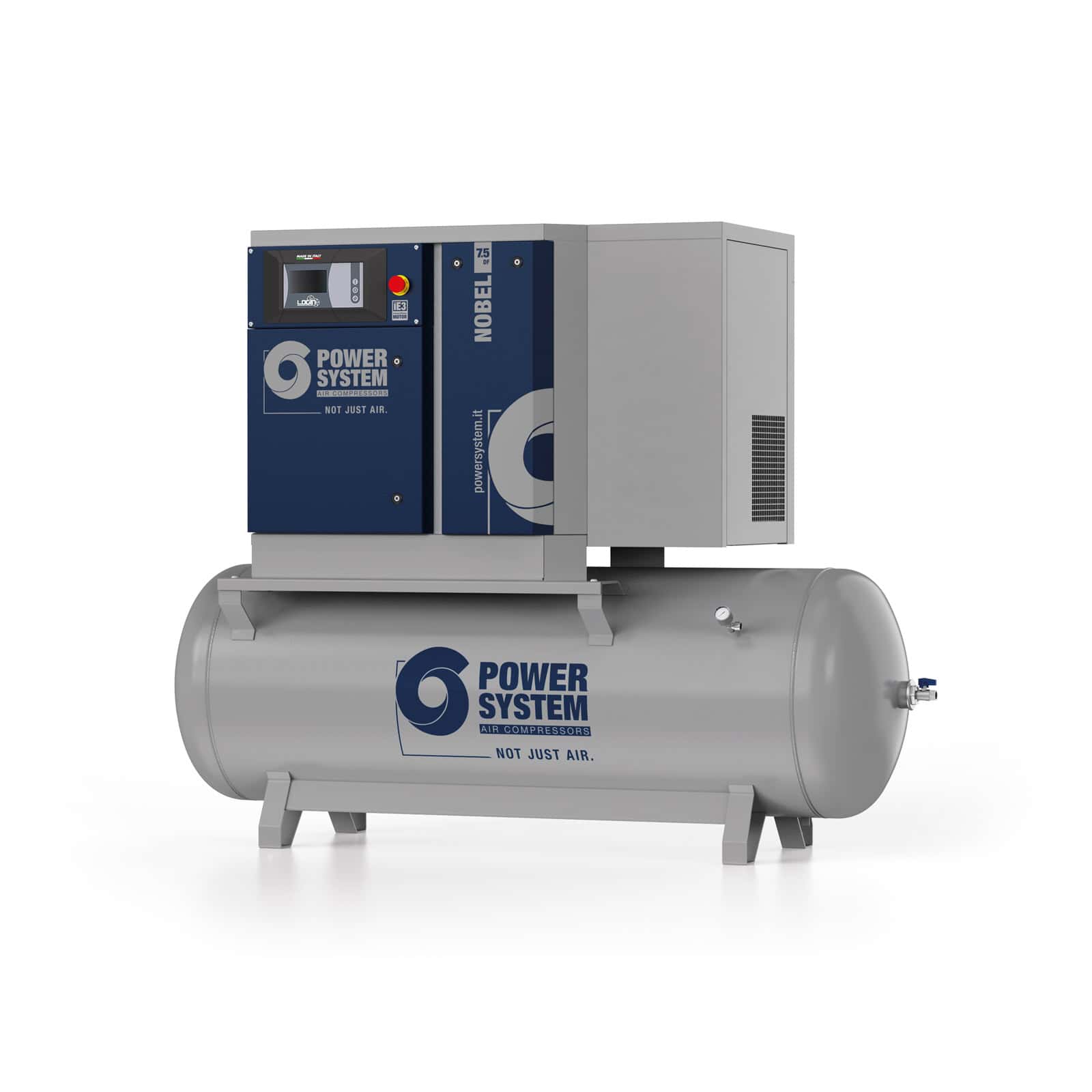 NOBEL 7.5-10-500 DF Screw compressor with direct drive transmission, complete with tank and dryer.